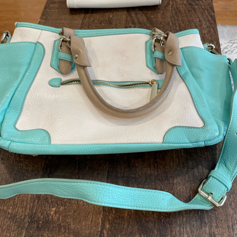 Women's White and Turquoise Two-Tone Leather Satchel with Tan Handles